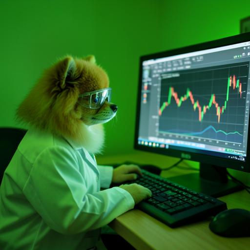 Pomeranian in a lab coat studying stock charts