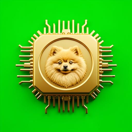 Golden microchip with a pomeranian face embossed in the center