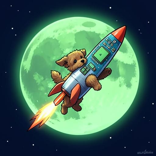 Dog riding a CPU-shaped rocket toward a green moon