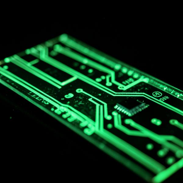 Macro shot of a silicon die with glowing green circuit traces
